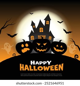 Ilustraciones de Halloween con Elementos de Halloween como calabazas, fantasmas, murciélagos, castillo y luna
