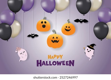 Halloween illustrations with Halloween elements such as pumpkins, ghosts, bats, and balloons. Vector illustration