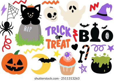 Halloween illustrations of ghost, black cat, pumpkin, spider, bat, witch hat, cupcake, poisonous soup for spooky decoration, cartoon character, costume, sticker, event, activity, standee, card print