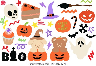 Ilustrações de Halloween de fantasma, crânio de cabeça, ursinho de pelúcia, cachorrinho, abóbora, truque ou deleite, morcego, chapéu de bruxa, bolo assustador e cupcake para decoração, personagem de desenho animado, fantasia de animal de estimação, adesivos, impressão animal