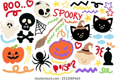 Halloween illustrations of ghost, puppy, black cat, pumpkin, head skull, witch hat, broom, spider web for spooky decoration, cartoon character, costume, sticker, card print, patches, campaign badge