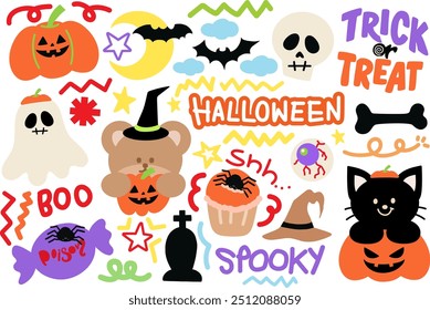 Halloween illustrations of ghost, teddy bear, black cat, pumpkin, head skull, witch hat, poisonous candy for spooky decoration, cartoon character, costume, sticker, card print, patches, campaign badge