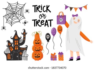HALLOWEEN illustrations : girl in a ghost costume, pumpkin, haunted castle and decor, happy halloween inscription.
