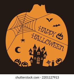 Halloween illustrations (haunted house, bats, spiders and spider webs, pumpkin, jack o lantern, graves)