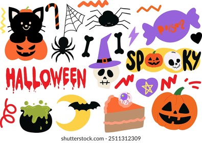 Halloween illustrations of head skull, black cat, pumpkin, spider, bat, witch hat, cake, poisonous soup for spooky decoration, cartoon character, costume, sticker, event, activity, standee, card print