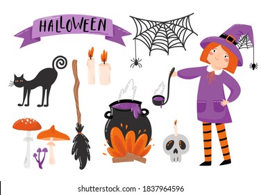 HALLOWEEN illustrations : little girl witch, cat, pot with potion, mushrooms and skull