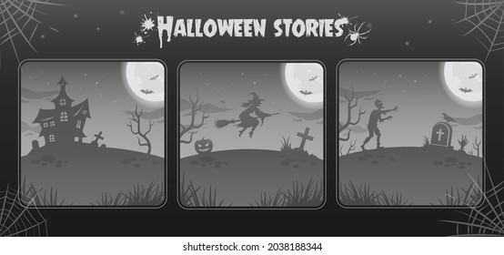 Halloween illustrations, night  backgrounds in gray tones. Vector collection for halloween. Big glowing moon with bats, zombie and flying witch. Wtich house, sinister tree and graves