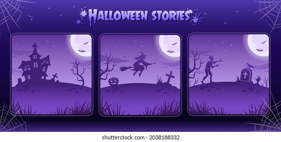 Halloween illustrations, night  backgrounds in purple tones. Vector collection for halloween. Big glowing moon with bats, zombie and flying witch. Wtich house, sinister tree and graves