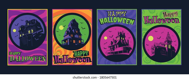 Halloween Illustrations, Postcards, Posters, Old Haunted Mansions, Colorful backgrounds