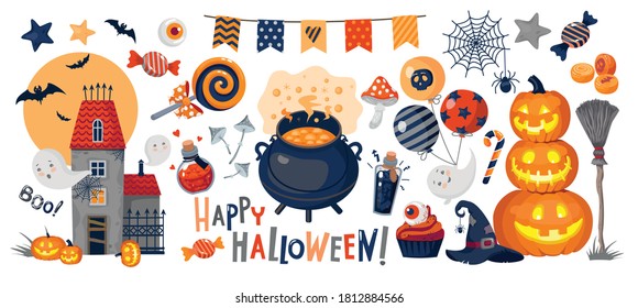 HALLOWEEN illustrations : pumpkin, ghosts, haunted castle, potion, pot, garland, candy, witch hat, happy halloween inscription. Vector,set, white background, isolated.