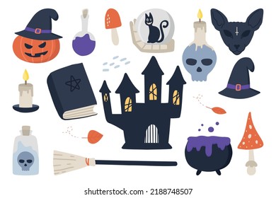 Halloween illustrations : pumpkin, ghosts, haunted castle, potion, pot, garland, candy, witch hat, happy halloween inscription. Vector,set, white background, isolated.