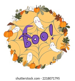 HALLOWEEN illustrations: pumpkin, ghosts,  mushrooms, autumn leaves and others. Vector,set, white background, isolated.