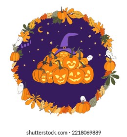 HALLOWEEN illustrations: pumpkin, ghosts, ghosts, witch hat, mushrooms, autumn leaves and others. Vector,set, white background, isolated.