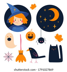 Halloween illustrations set: fairy, enchantress, broom, cat, crow, spider, cobweb, maple leaf, moon, crescent moon, ghost, stars, night sky. Isolated icons, vector