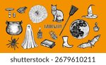 Halloween illustrations set. Ghost, bat, spider, witch, moon, mushroom drawings in engraving style for card, poster, invitation, banner. Sketch, outline illustrations. Hand-drawn vector