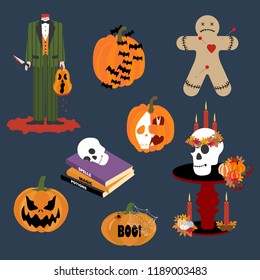 Halloween illustrations set on the blue background. Vector illustration