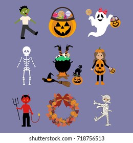 Halloween illustrations set on the purple background. Vector illustration