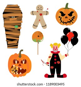 Halloween illustrations set on the white background. Vector illustration
