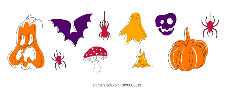 Halloween illustrations set: pumpkin, ghost, bat. Design elements for halloween party poster. Flat cartoon illustration. Objects isolated on a white background.