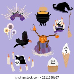 Halloween illustrations set of pumpkinwith legs, ice-cream with ghost fase, black crow, book of spells, candy, witch hat, broom and cauldron. Flat style vector illustration set.