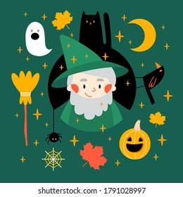 Halloween illustrations set: sorcerer, wizard, broom, cat, crow, spider, cobweb, maple leaf, moon, crescent moon, ghost, stars, night sky. Isolated icons, vector