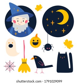 Halloween illustrations set: sorcerer, wizard, broom, cat, crow, spider, cobweb, maple leaf, moon, crescent moon, ghost, stars, night sky. Isolated icons, vector