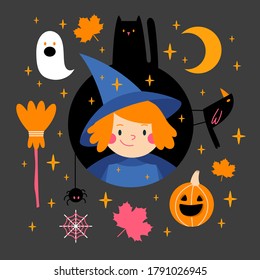 Halloween illustrations set: witch, broom, cat, crow, spider, cobweb, maple leaf, moon, crescent moon, ghost, stars, night sky. Isolated icons, vector