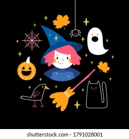 Halloween illustrations set: witch, broom, cat, crow, spider, cobweb, maple leaf, moon, crescent moon, ghost, stars, night sky. Isolated icons, vector