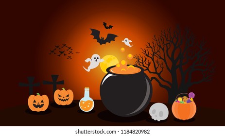 Halloween illustrations There are pumpkins, insects, skulls and bats at night.