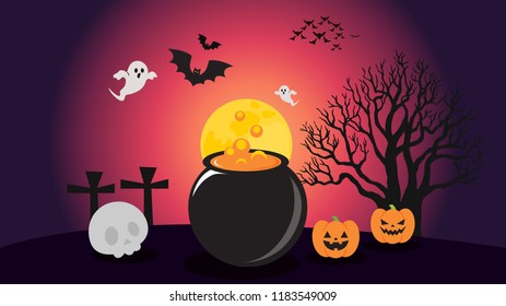 Halloween illustrations vector with pumpkins, insects, skulls and bats at night.