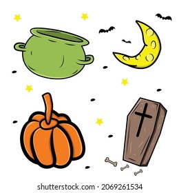 ilustrador de halloween con caracteres de calabaza, luna, ataúd, contenedor de poción