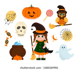 Halloween image set flat vector illustration. Images isolated on a white background: skull, pumpkin, witch girl, spider, owl, broom, cauldron, sweets. Concept for greeting cards, banners, invitations.