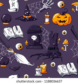 Halloween image set on violet background. Seamless halloween doodle pattern. Vector hand drawn objects: zombie hand,  bat, potion, scroll, crystal ball, magic book, broom, tombstone, scary tree.
