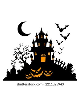 Halloween image of spooky house there is a bat with a spooky castle and a pumpkin. Vector elements for banner, halloween greeting card celebration, halloween party poster eps format