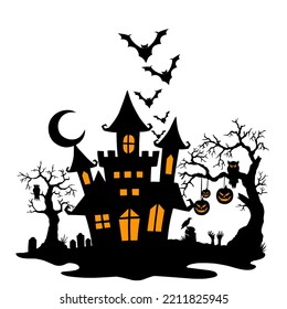 Halloween image of spooky house there is a bat with a spooky castle and a pumpkin. Vector elements for banner, halloween greeting card celebration, halloween party poster eps format