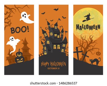 Halloween image vector card set. ghost and haunted house and spooky full moon.