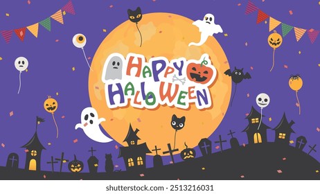 Halloween image vector illustration. graveyard and spooky full moon.