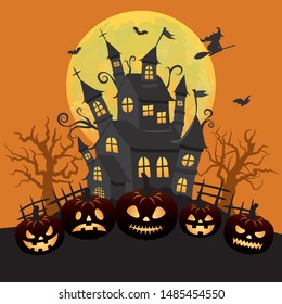 Halloween Image Vector Illustration. Haunted House And Spooky Full Moon.