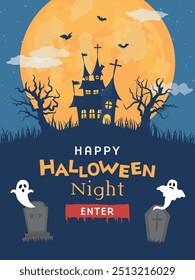 Halloween image vector illustration. haunted house and spooky full moon.