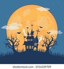 Halloween image vector illustration. haunted house and spooky full moon.