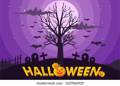 Halloween image vector illustration. pumpkins forest and spooky full moon. - Vector