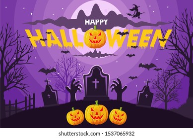 Halloween image vector illustration. pumpkins forest and spooky full moon. - Vector