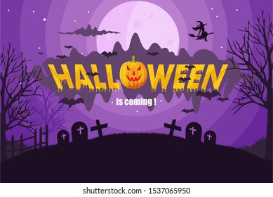 Halloween image vector illustration. pumpkins forest and spooky full moon. - Vector