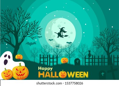 Halloween image vector illustration, scary night, spooky full moon and pumpkins forest. 