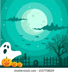 Halloween image vector illustration, scary night, spooky full moon and pumpkins forest. 
