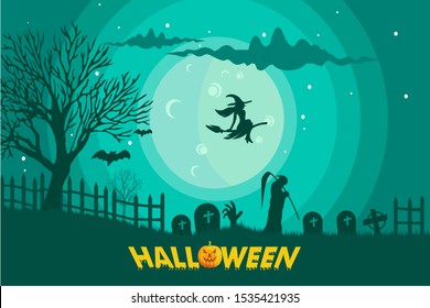 Halloween image vector illustration, spooky full moon, background moon pumpkins forest. - Vector