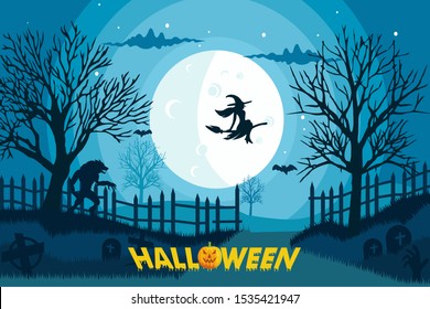 Halloween image vector illustration, spooky full moon, background moon pumpkins forest. - Vector