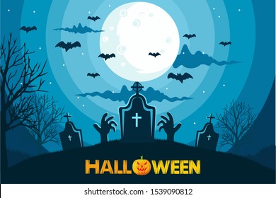 Halloween image vector illustration. spooky full moon, pumpkins forest. easy to edit vector image.