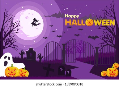 Halloween image vector illustration. spooky full moon, pumpkins forest. easy to edit vector image.