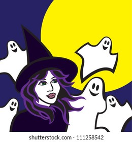 halloween image of a wicked witch with ghosts with the moon on the background, vector illustration